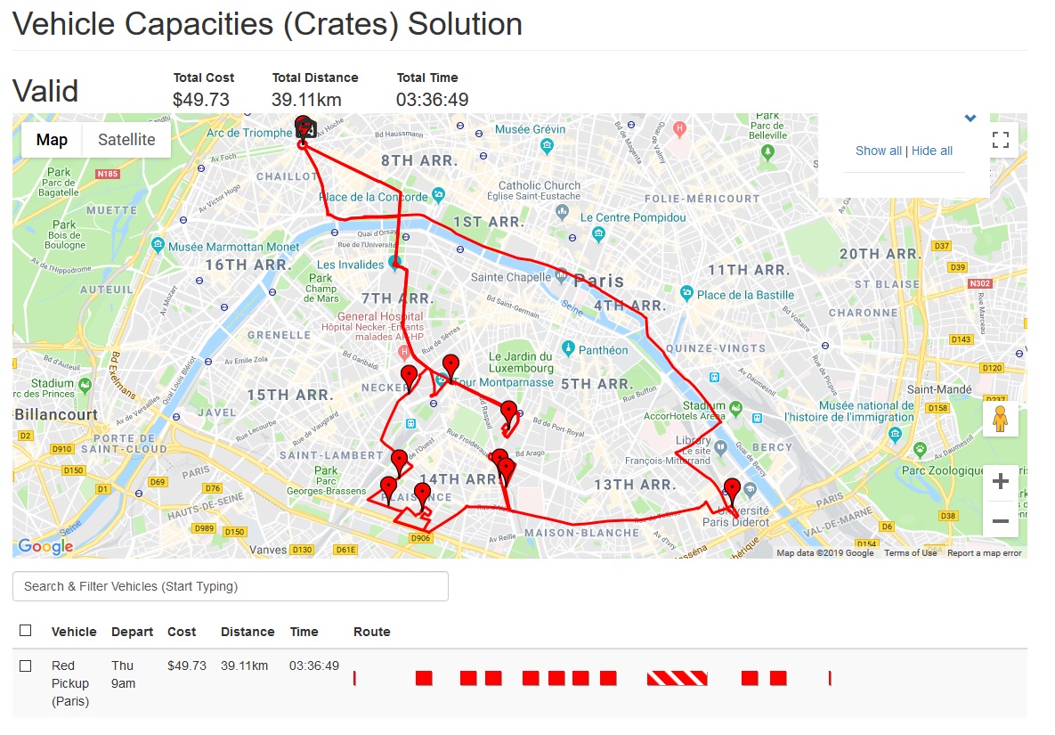 Route optimization showing multi-trip solution as a result of vehicle capacity limitations