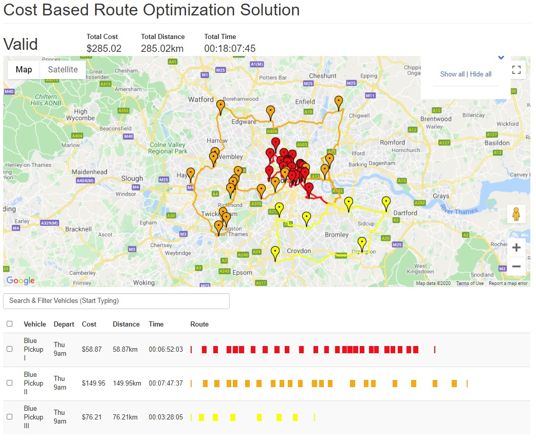 3 vehicle 50 location distance cost based route optimization solution